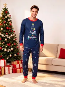Christmas family matching pajama set for men, long sleeve round neck top and snowflake print pants.