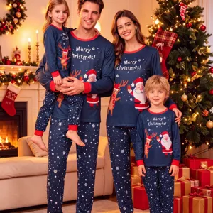 Pyjama De Noël Famille Haut Et Bas Bleu Marine Rouge Père Noël Flocon De Neige Imprimé Col Rond Manches Longues Pour Femmes Hommes Enfants
