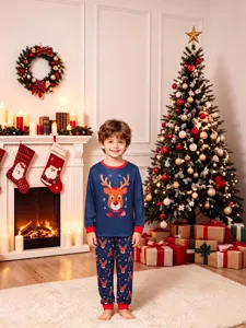 Christmas reindeer kids pajama set with long sleeve contrast color holiday sleepwear.