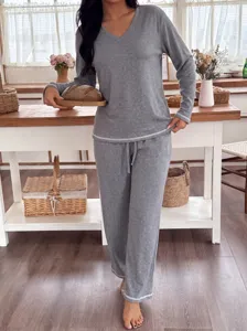 Cozy grey V-neck long sleeve pajama set soft casual lounge wear for autumn women
