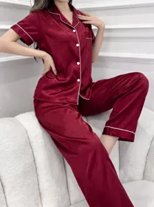 Ensemble pyjama en satin rouge pour femme haut manches courtes pantalon confortable