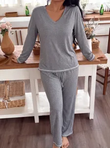 Women cozy grey long sleeve V-neck pajama set casual loungewear fall winter sleepwear