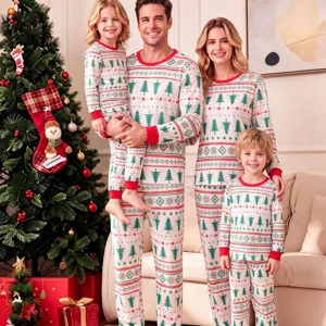 Christmas family matching pajama set, long sleeve top and pants with festive tree print.