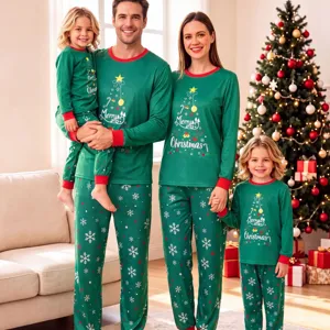 Christmas family matching pajamas set long sleeve green sleepwear with snowflake tree print