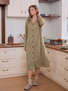 Comfortable long sleeve button-down lounge dress for women, casual solid color sleepwear.