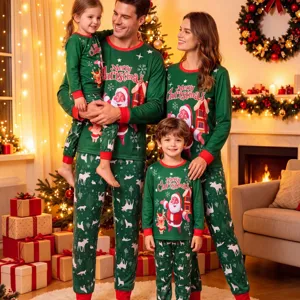Christmas family matching pajama set long sleeve green sleepwear for holiday parties