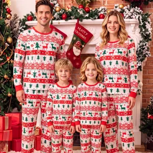 Christmas Matching Pajamas Set For Family Reindeer Tree Printed Long Sleeve Top And Bottom Festive Holiday Homewear