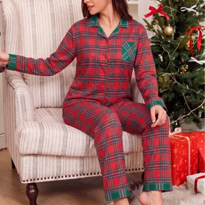 Christmas plaid long sleeve loungewear set for women, cozy lapel pajama set with pants.