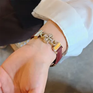 Bracelet de montre en cuir véritable zircon creux compatible avec Apple Watch Série 10 9 8