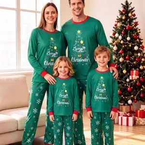 Family Christmas matching pajama set long sleeve green holiday tree print sleepwear for winter