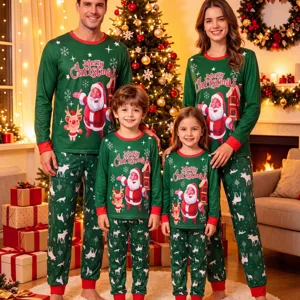 Christmas family matching pajamas set long sleeve green sleepwear for the winter holidays.
