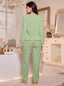 Cozy women soft fleece pajama set long sleeve warm loungewear back view product detail