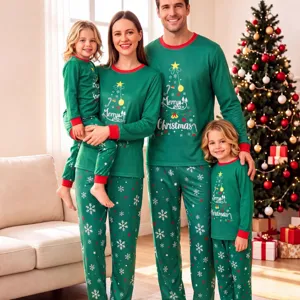 Family matching Christmas pajamas set long sleeve green holiday sleepwear with cute print.