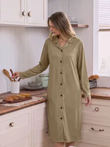 Women long sleeve button down lounge dress solid color casual nightgown for daily wear home