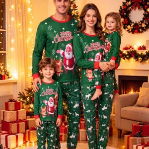 Family Christmas matching pajamas set long sleeve green holiday sleepwear for family.