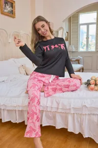 Women long sleeve pajama set cute bow print lounge wear comfortable sleepwear nightwear