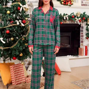 Christmas women plaid pajama set long sleeve casual loose sleepwear holiday home wear
