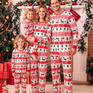 Christmas matching family pajama sets long sleeve holiday sleepwear with reindeer print