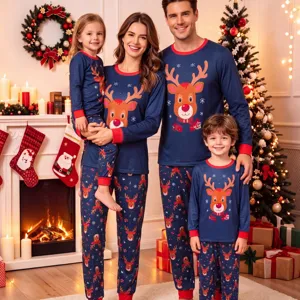 Christmas family matching pajamas set, cozy long sleeve reindeer print sleepwear for winter