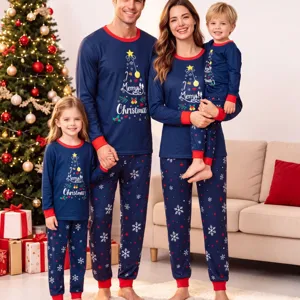 Family matching Christmas pajamas set long sleeve crewneck holiday sleepwear for parents and kids