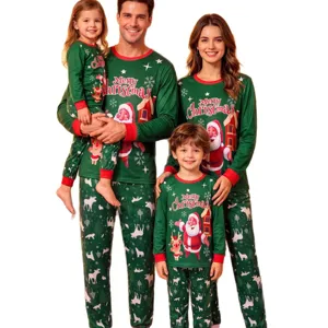 Matching family Christmas pajamas set long sleeve green Santa holiday sleepwear for parents kids