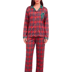 Red Christmas plaid long sleeve pajama set for women casual sleepwear top and pants
