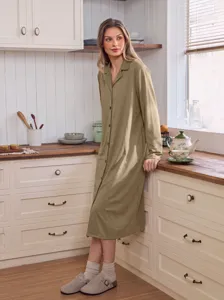 Casual long sleeve solid color button down nightgown for women, comfortable loose sleepwear dress.