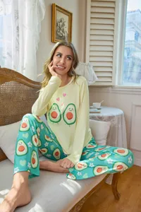 Women long sleeve pajama set cute cartoon avocado print sleepwear casual loungewear home wear
