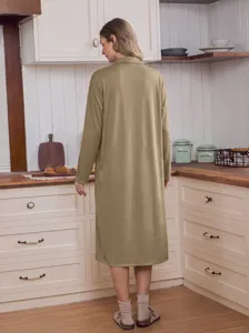 Women's long sleeve solid color casual loungewear nightgown cardigan, comfortable cozy sleepwear.