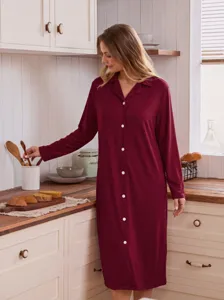 Comfortable long sleeve button down sleepshirt casual loose solid color long nightgown for women