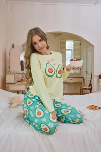 Comfortable long sleeve avocado print pajama set for women, cozy sleepwear lounge suit.
