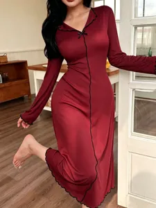 Camisón de manga larga con volantes de contraste y lazo, vestido de estar por casa largo.