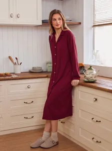 Womens long sleeve button-down nightgown, comfortable solid color loungewear dress for sleep.
