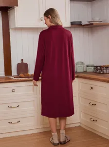 Comfortable long sleeve solid color casual loose nightgown for women back detail view
