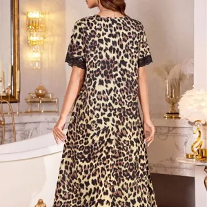 Damen Leopardenmuster Spitze Kurzarm Nachthemd, lässiges lockeres V-Ausschnitt Midikleid.