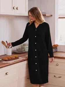 Women long sleeve solid black sleepshirt button down casual loungewear nightgown dress