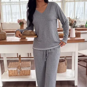 Womens V-Neck Long Sleeve Pajama Set Casual Cozy Lounge Wear Soft Sleepwear Autumn