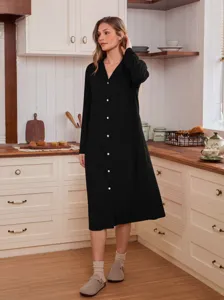 Women's long sleeve solid color nightdress casual button-down sleepwear long loungewear dress