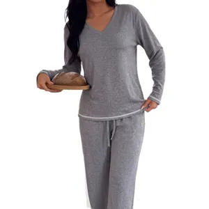 Women grey v-neck long sleeve pajama set casual sleepwear comfortable loungewear autumn winter