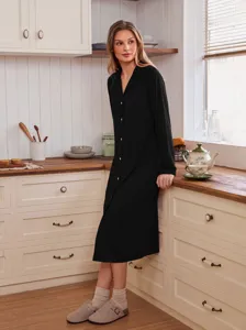 Details of black long sleeve button down nightdress, casual loose fit midi sleepwear.