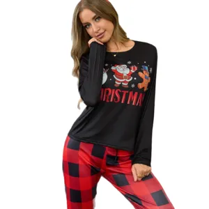 Women Christmas Long Sleeve Sleepwear Set Black Top Red Plaid Pants Holiday Pajamas Home Wear