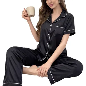 Ensemble Pyjama Noir en Satin pour Femme Haut Manches Courtes Pantalon Vêtement Nuit