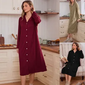 Women's V-Neck Long Sleeve Button Down Robe Loose Solid Color Casual Nightgown Loungewear Cardigan Sleepwear Maxi Dress