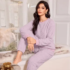 Women plush coral fleece pajama set long sleeve warm winter sleepwear casual loungewear