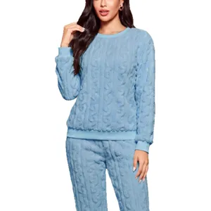Women fuzzy coral fleece pajama set long sleeve warm winter loungewear casual cuffed soft