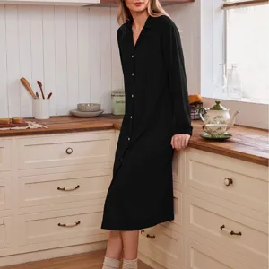 Women's long sleeve sleep dress casual solid color button down nightshirt cozy lounge