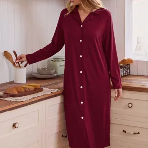 Comfortable long sleeve button down nightgown for women, loose casual solid color sleepwear dress.