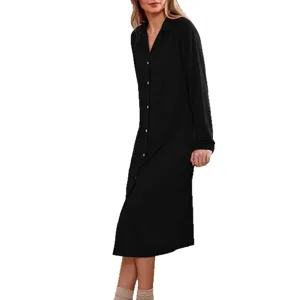 Women long sleeve button down nightshirt black casual sleepwear loose loungewear dress