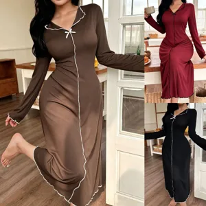 Camisón de Manga Larga con Cuello en V para Mujer Lazo Suave Simple Ribete de Volantes Ropa de Dormir Elegante Color Sólido Vestido