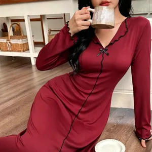 Mujer camisón de manga larga loungewear vestido rojo con ribete de volantes y lazo